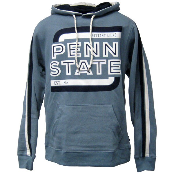 denim blue hooded sweatshirt with Penn State Nittany Lions Est. 1855 and stripes
